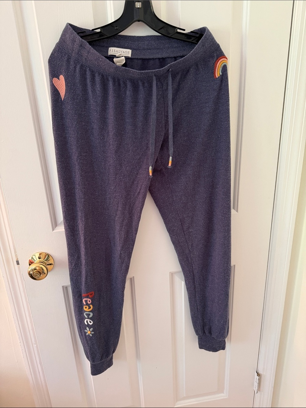P.J. Salvage Navy Sweat Joggers with Rainbow, Heart & "Peace" Details